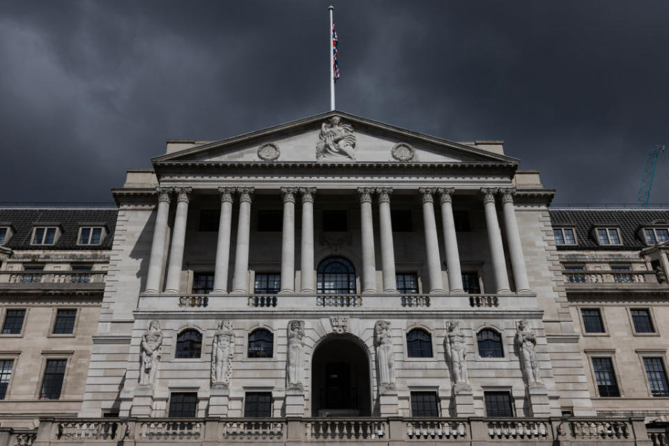 LONDON, ENGLAND - MAY 11: Storm clouds over the Bank of England ahead of the central banks interest rate announcement on May 11, 2023 in London, England. The country's central bank has been steadily raising interest rates since last December to help curb the UK's persistent inflation. (Photo by Dan Kitwood/Getty Images)