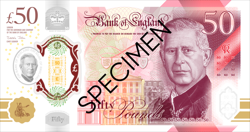 A specimen £50 note featuring the portrait of King Charles. (Bank of England)