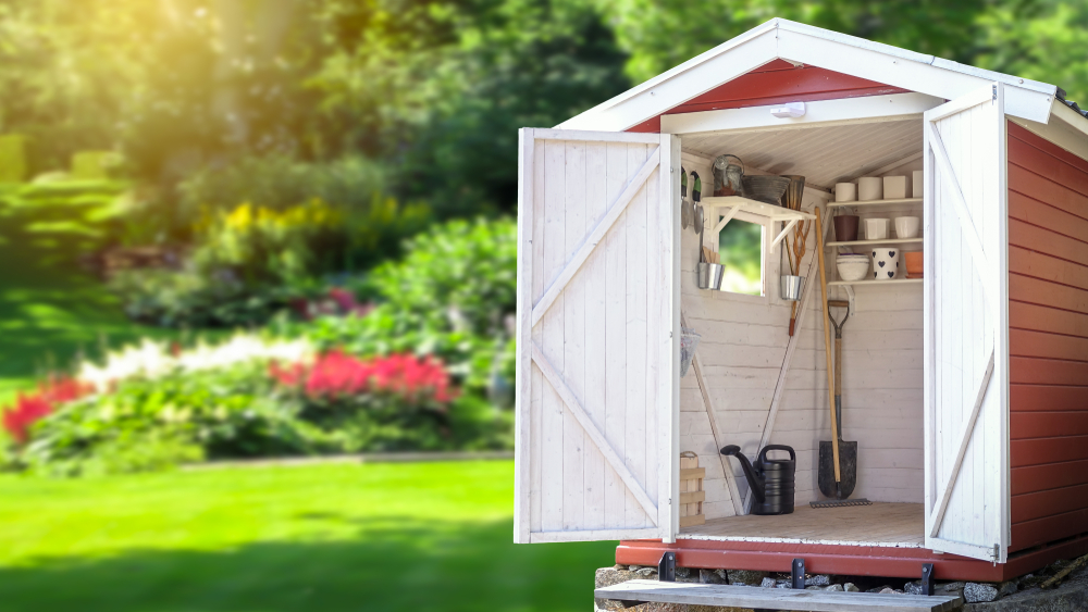Image of a garden shed with the doors open