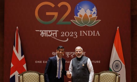 Rishi Sunak (left) during a meeting with the Indian prime minister, Narendra Modi, at the G20 summit in Delhi, India