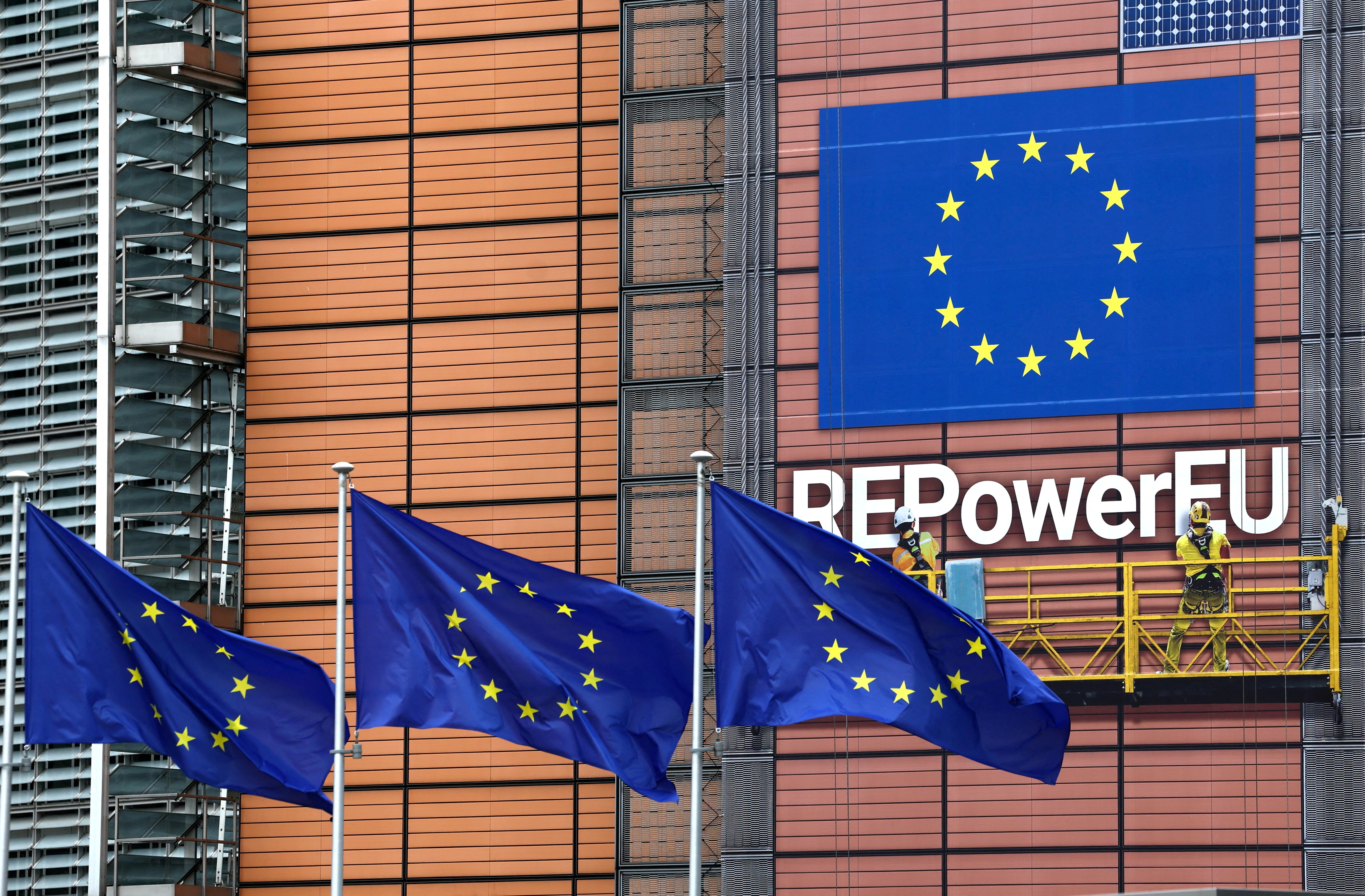 European flags fly outside the European Commission headquarters in Brussels