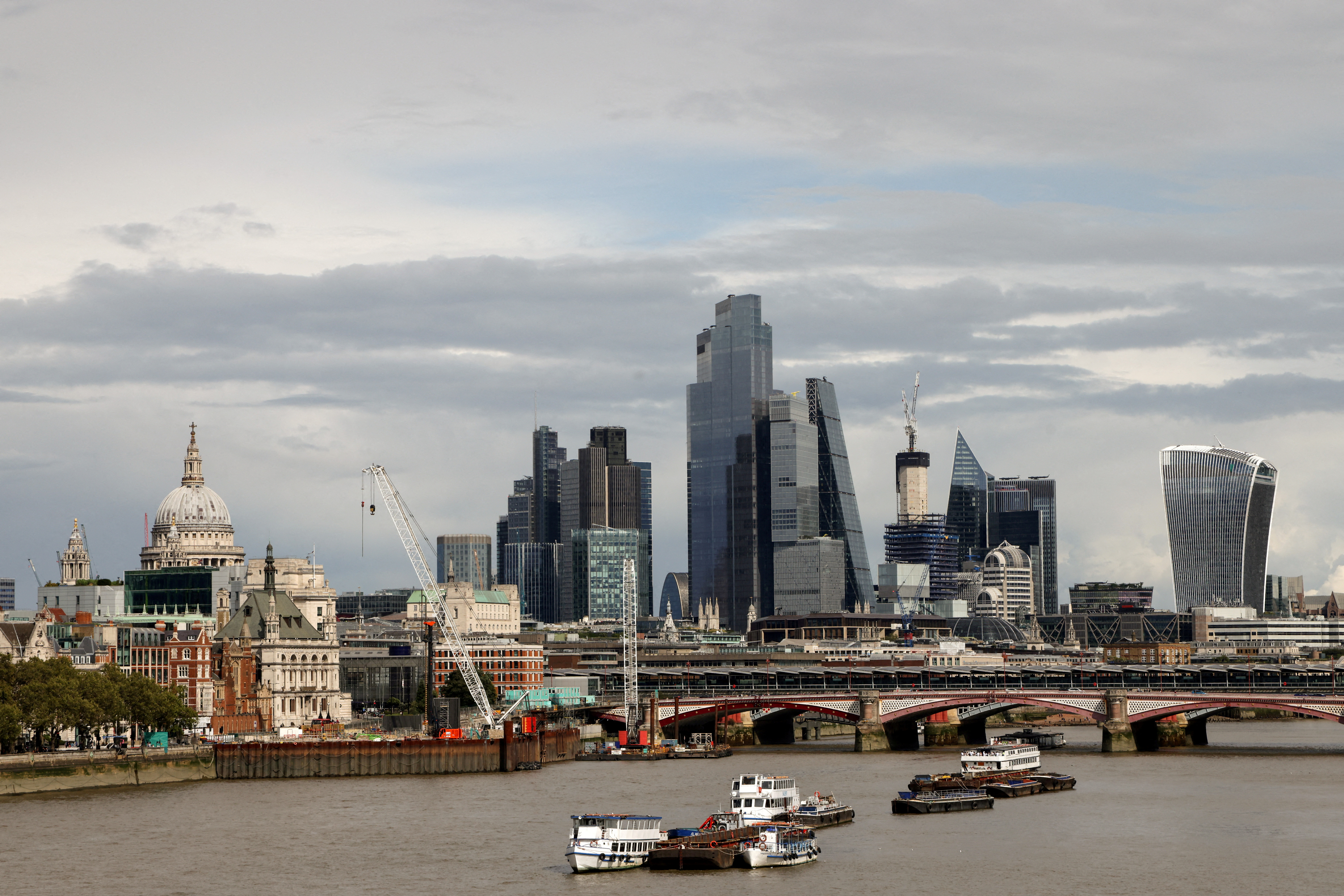 A view of the London financial district seen from Waterloo Bridge in London