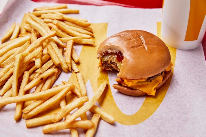A double cheeseburger and fries at McDonald's.