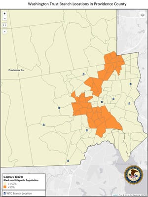 This map shows the majority Black and Hispanic census tracts in Rhode Island in Orange and the Washington Trust branches in the state, all of which are outside of those communities.