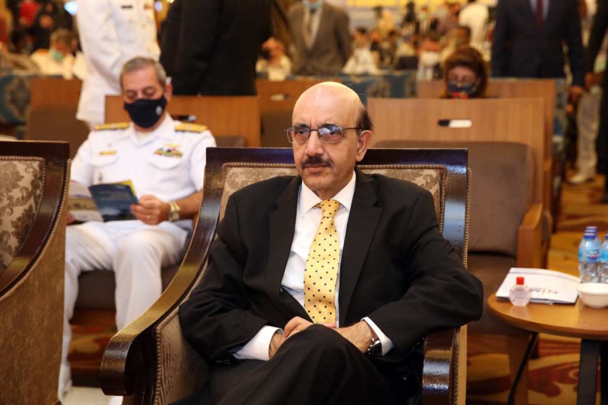 KARACHI, PAKISTAN - FEBRUARY 13: President of Azad Jammu And Kashmir, Sardar Masood Khan attends the 9th International Maritime Conference with the theme "Development of Blue Economy under a Secure and Sustainable Environment - A Shared Future for Western Indian Ocean Region" organized by National Institute of Maritime Affairs (NIMA) in Karachi, Pakistan on February 13, 2021. (Photo by Muhammed Semih Ugurlu/Anadolu Agency via Getty Images)