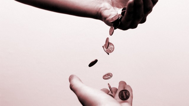 Money falling from one hand to another. Could conceptually represent taxes, inflation, charity, "pennies from heaven," inheritance or any type of wealth transference.