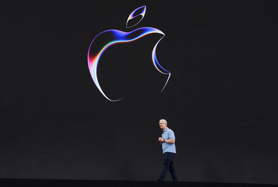 Apple CEO Tim Cook makes an appearance at Apple's annual Worldwide Developers Conference at the company's headquarters in Cupertino, California, U.S. June 5, 2023. REUTERS/Loren Elliott