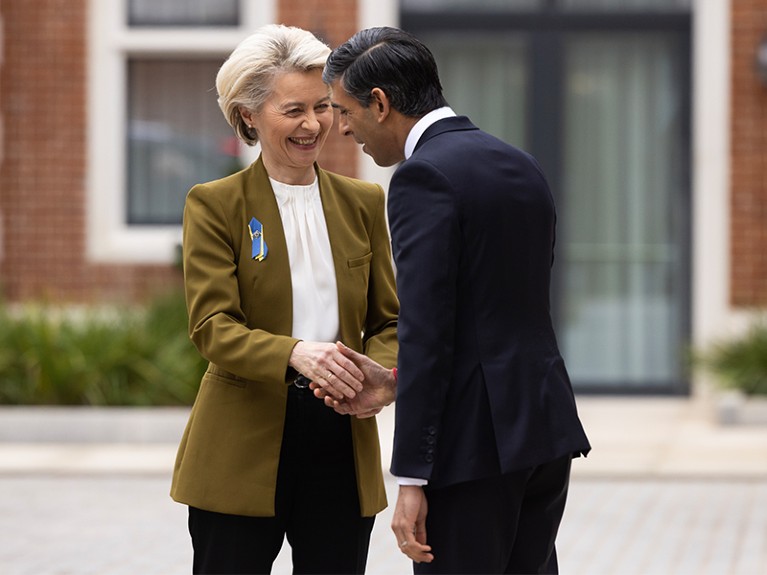 UK Prime Minister Rishi Sunak greets EU Commission President, Ursula von der Leyen, in Windsor, UK.