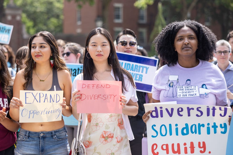 Students and others gather at Harvard University's Science Center Plaza to rally in support of affirmative action after the Supreme Court ruling on July 1, 2023.