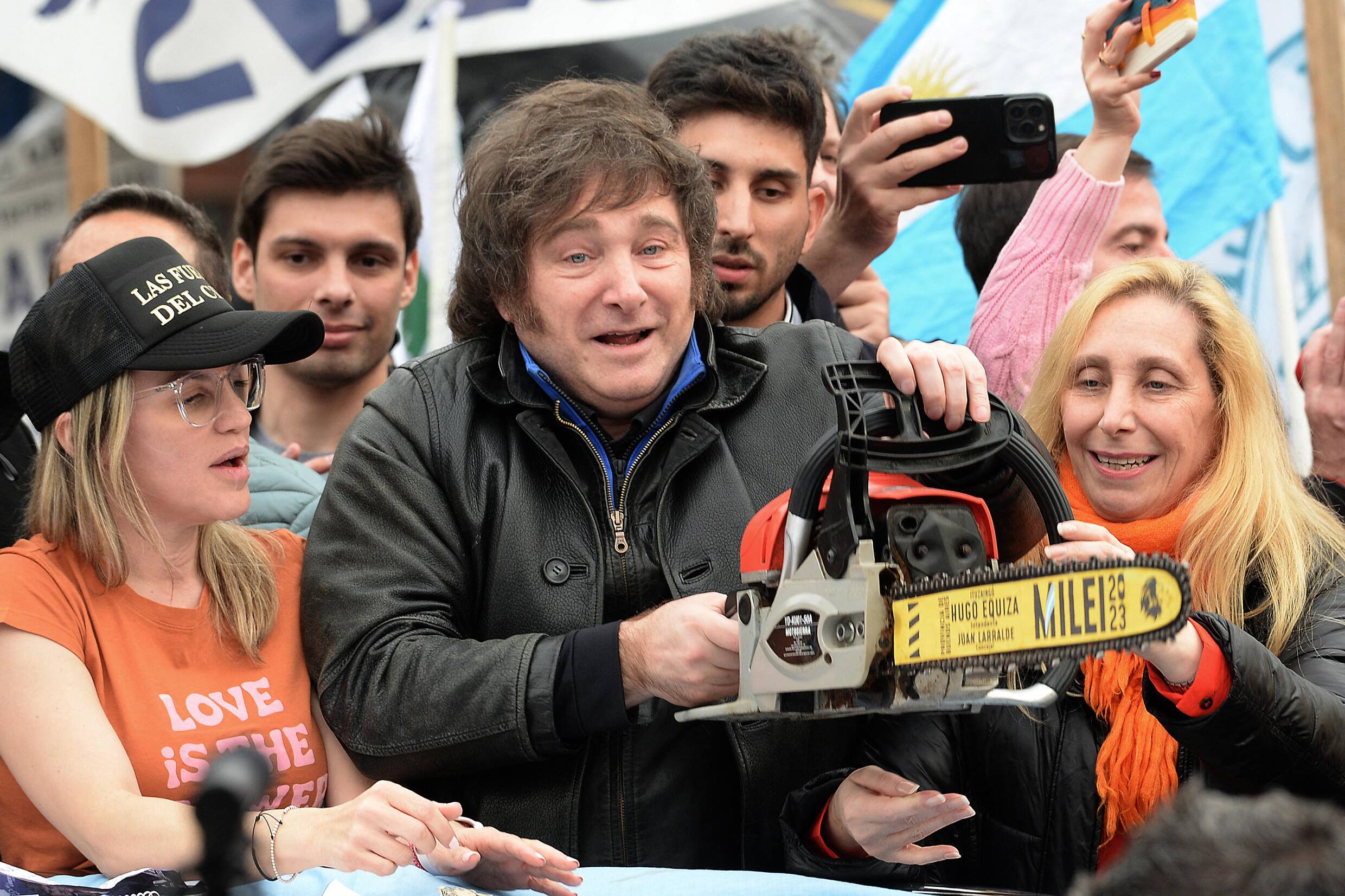 Presidential candidate Javier Milei waving a chainsaw during a political rally in La Plata, Buenos Aires Province, Argentina, on September 12, 2023.