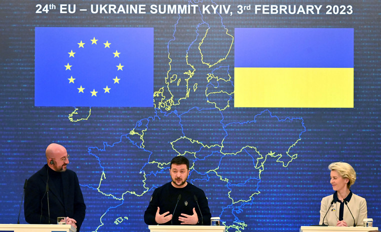Ukraine President Volodymyr Zelenskyy (center), European Council President Charles Michel (left) and European Commission President European Commission Ursula von der Leyen (right) give a joint press conference during an EU-Ukraine summit in Kyiv on February 3, 2023. 