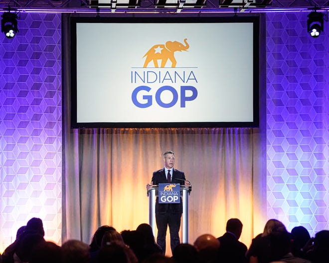 U.S. Republican Jim Banks speaks during the Indiana Republican Party  2023 State Dinner on Thursday, Aug. 10, 2023, at the JW Marriott in downtown Indianapolis.