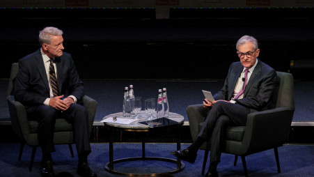 FILE PHOTO: Federal Reserve Chairman Jerome Powell speaks with David Westin, Anchor, Bloomberg Wall Street Week, during a meeting of the Economic Club of New York in New York City, U.S., October 19, 2023. REUTERS/Brendan McDermid/File Photo