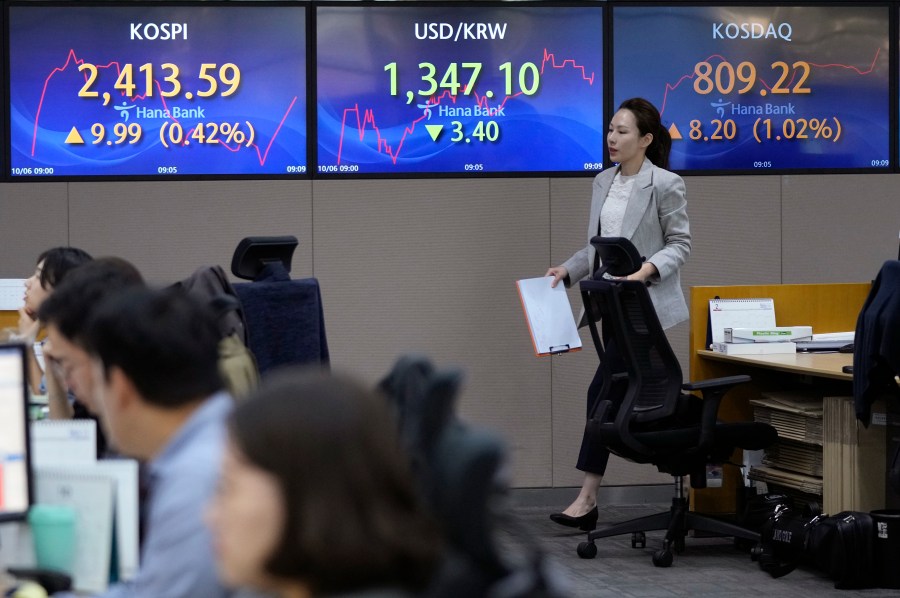 A currency trader passes by the screens showing the Korea Composite Stock Price Index (KOSPI), left, and the foreign exchange rate between U.S. dollar and South Korean won, center, at the foreign exchange dealing room of the KEB Hana Bank headquarters in Seoul, South Korea, Friday, Oct. 6, 2023. Asian shares mostly rose in cautious trading Friday after Wall Street drifted to a quiet close on worries about a too-hot U.S. job. (AP Photo/Ahn Young-joon)