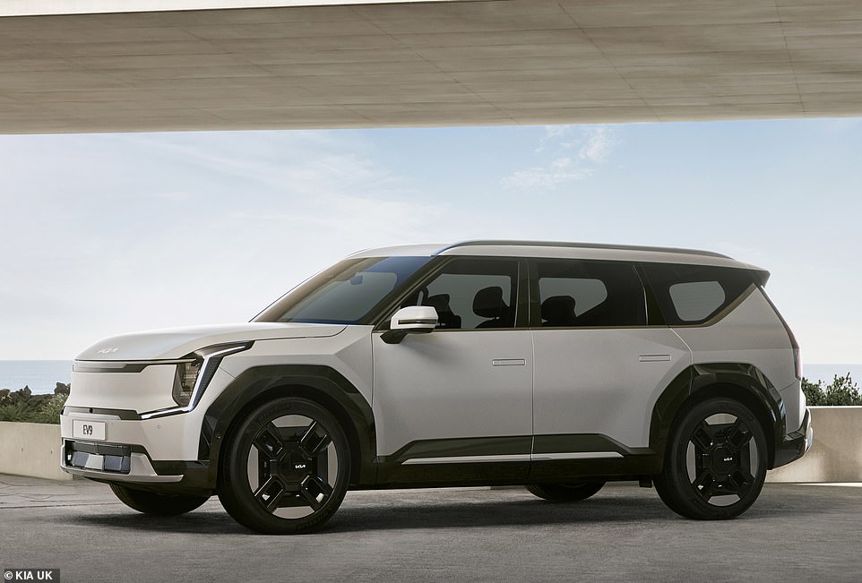 Kia says it will transition to a zero-emission range of vehicles by 2035. Pictured is its seven-seat EV9 electric family car with a range of 337 miles that arrives in 2024