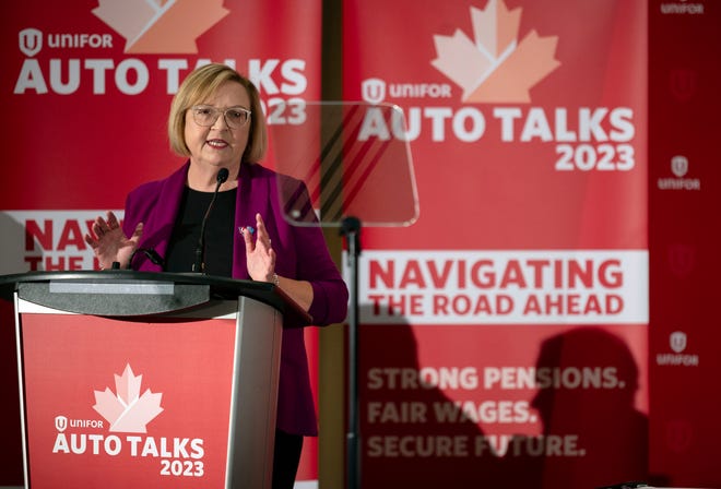 Lana Payne, Unifor National President, announces Ford as the target company for the current round of negotiations with Detroit Three during a press conference in Toronto, Tuesday, Aug. 29, 2023. (Tijana Martin/The Canadian Press via AP)