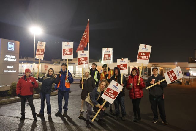 Unifor members on strike at General Motors Oshawa Assembly Plant, where the automaker builds the Chevrolet Silverado pickup. The Unifor members went on strike at midnight Oct. 10, 2023 after Unifor and GM failed to reach a tentative agreement by the time their contract expired at 11:59 p.m. Oct. 9, 2023.