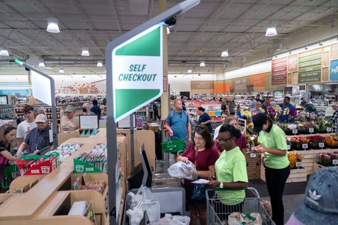 Self checkout lanes at the new Sprouts Farmers Market on June 9, 2023 in Delray Beach, Florida.