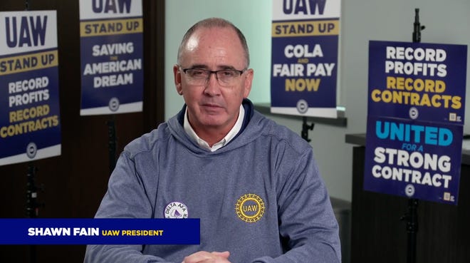 UAW President Shawn Fain addresses members during a Facebook Live event Friday, Oct. 20, 2023.