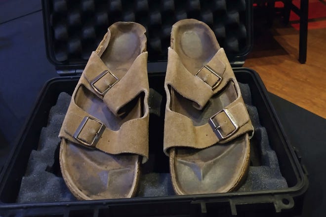 In this photo provided by Julien's Auctions are Steve Jobs' Birkenstock sandals sold at their Idols & Icons Rock N' Roll auction at the Hard Rock Cafe in New York, Sunday Nov. 13, 2022.