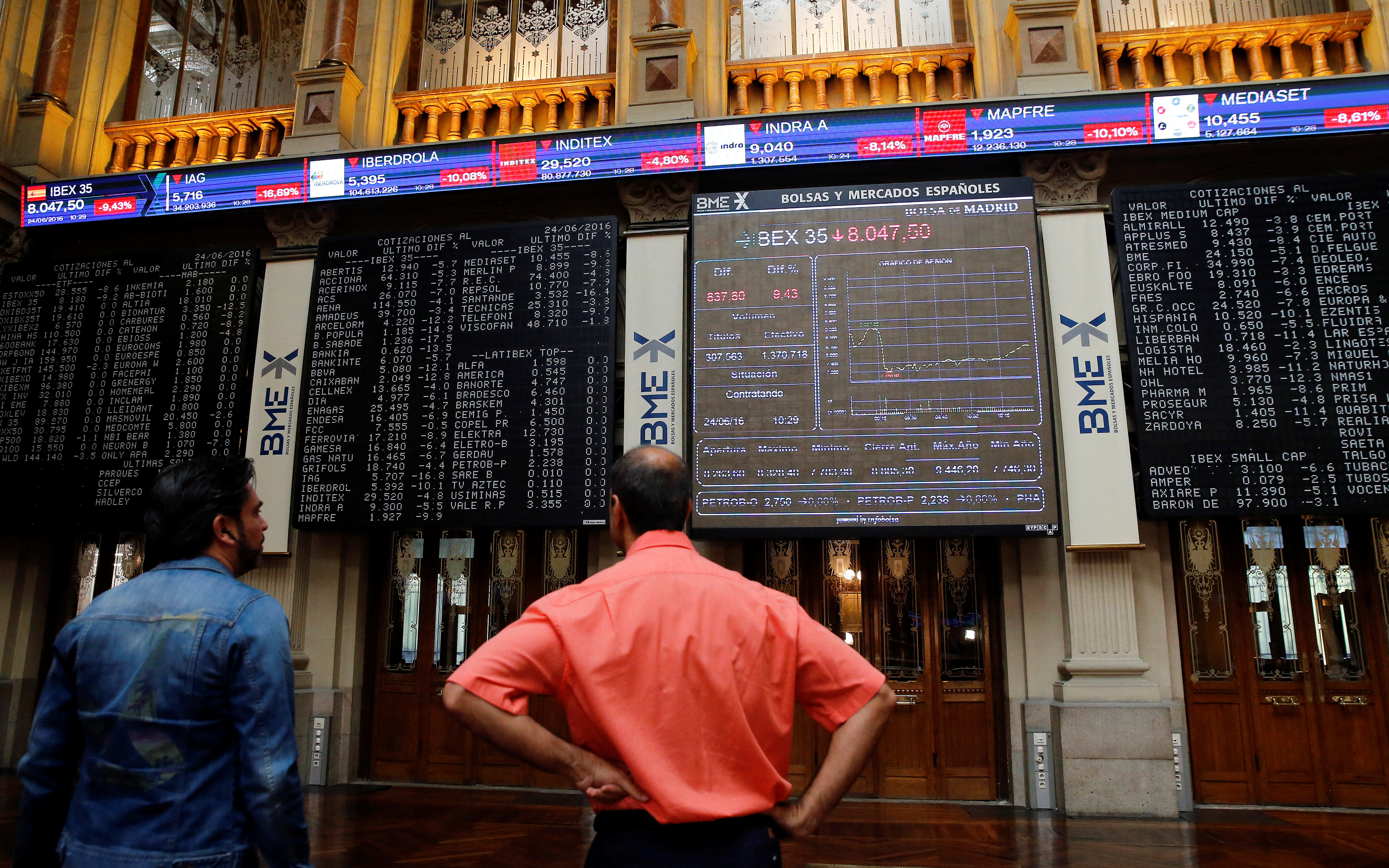 Electronic boards are seen at the Madrid stock exchange which plummeted after Britain voted to leave the European Union in the EU BREXIT referendum, in Madrid