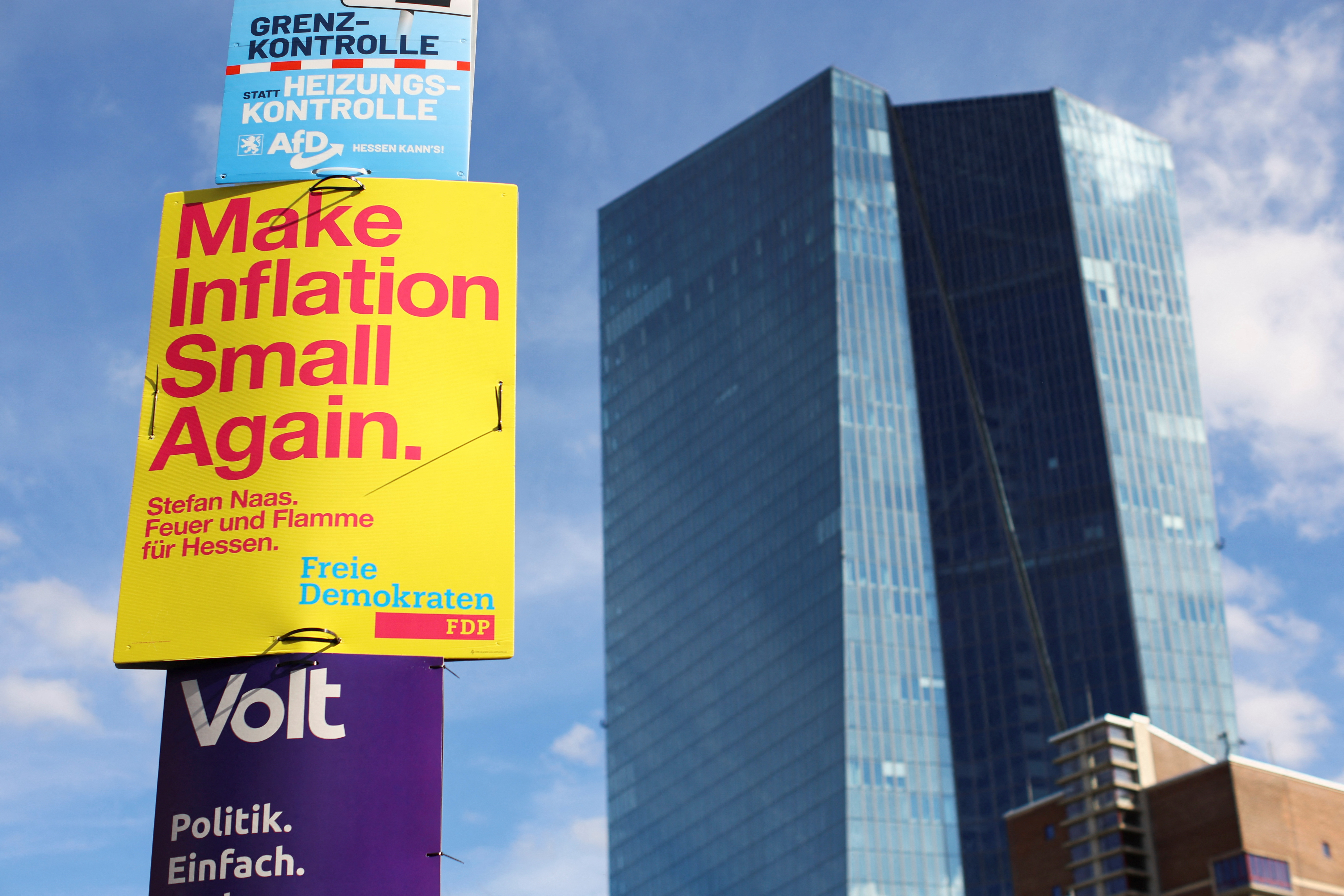 A view shows the placards of the political parties in front of the European Central Bank (ECB) building in Frankfurt