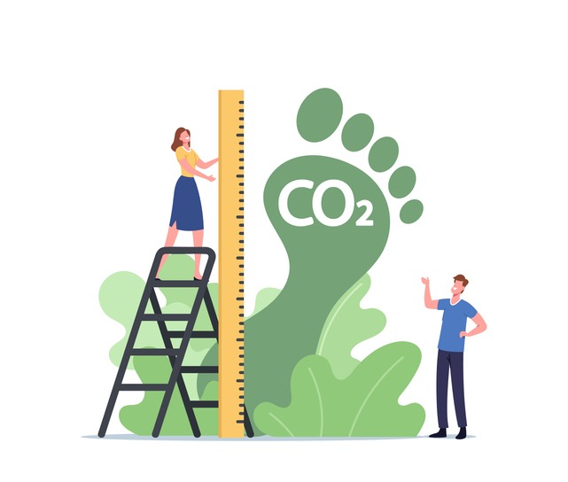 Tiny Female Character Measure Huge Green Foot, Carbon Footprint Pollution, Co2 Emission Environmental Impact Concept. Dangerous Dioxide Effect on Planet Ecosystem. Cartoon People Vector Illustration