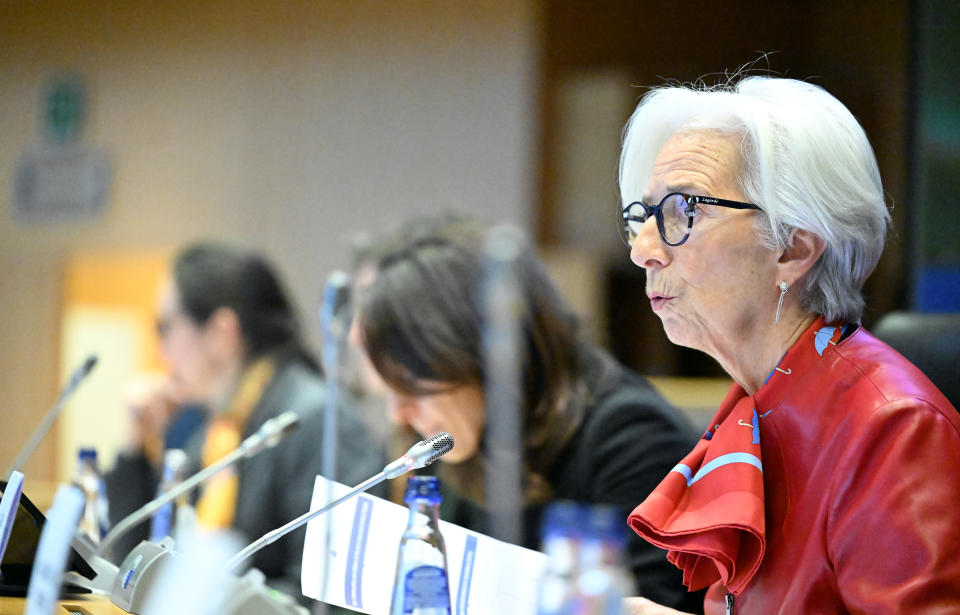 Christine Lagarde, President of the European Central Bank speaks during the European Parliament's Committee on Economic and Monetary Affairs (ECON) meeting in Brussels, Belgium on Nevember 27, 2023. (Photo by Dursun Aydemir/Anadolu via Getty Images)