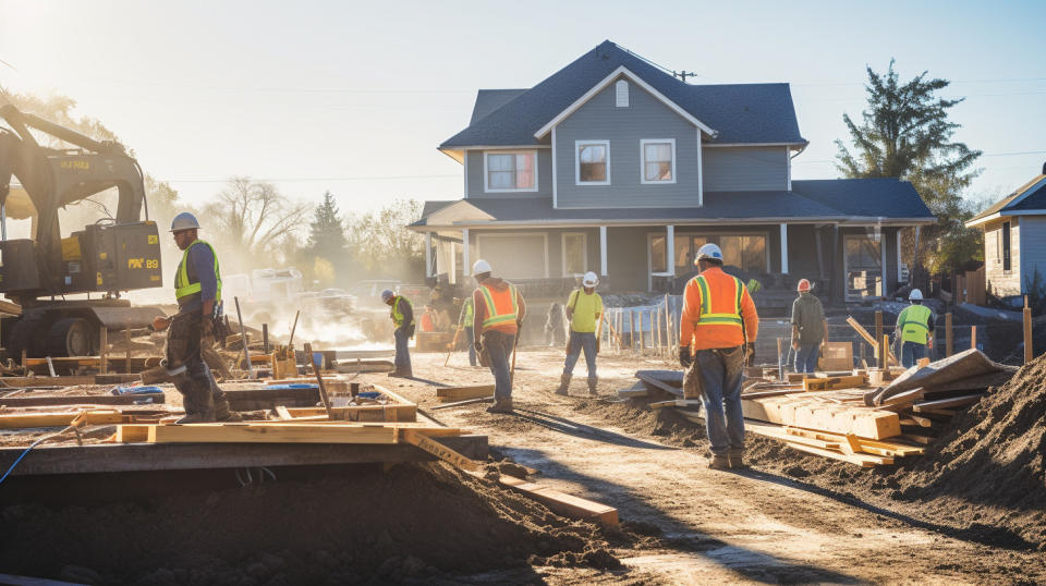 A construction team working in unison to build a single-family home in a neighborhood.