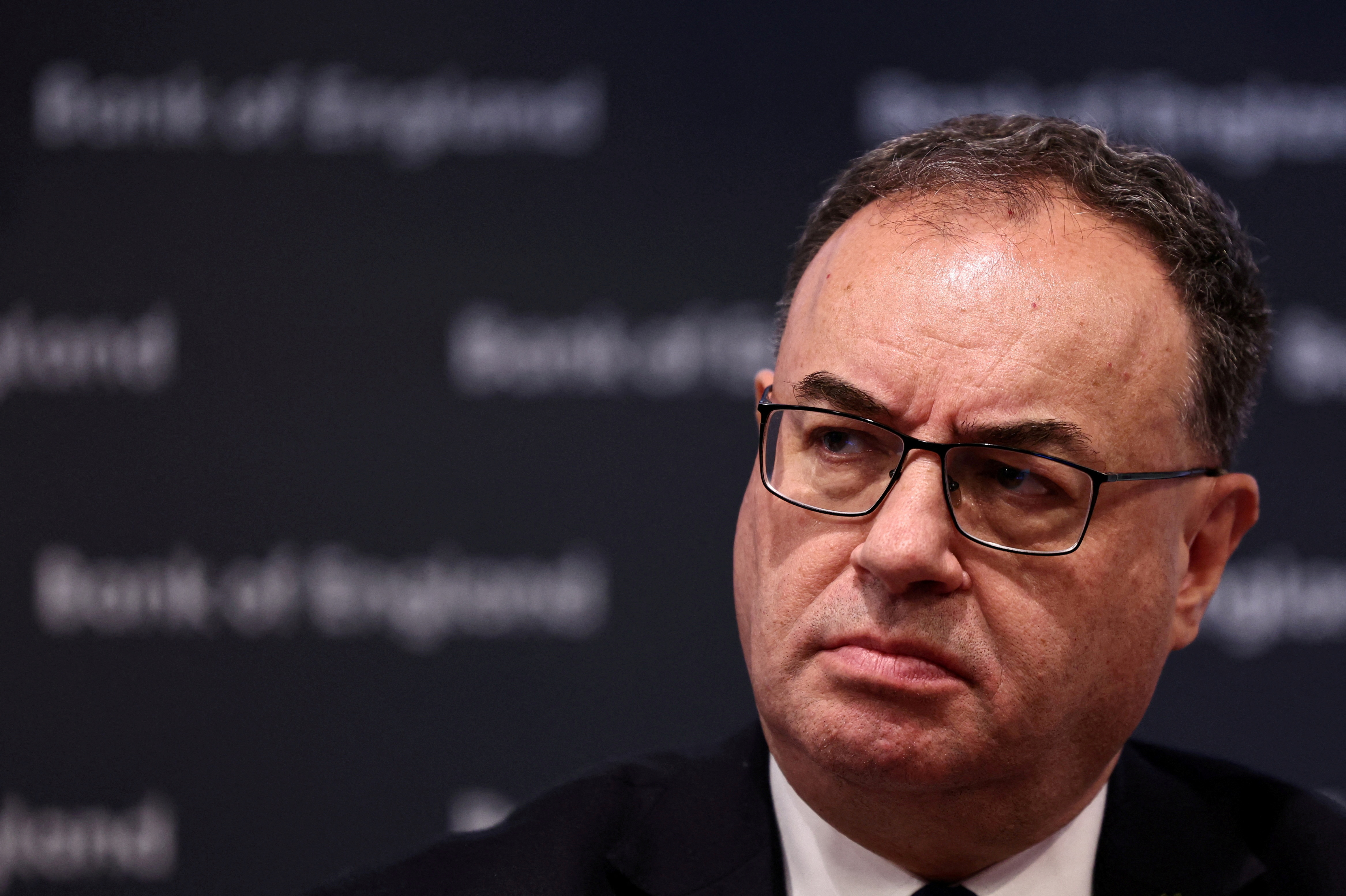 Governor of the Bank of England Andrew Bailey attends a press conference in London