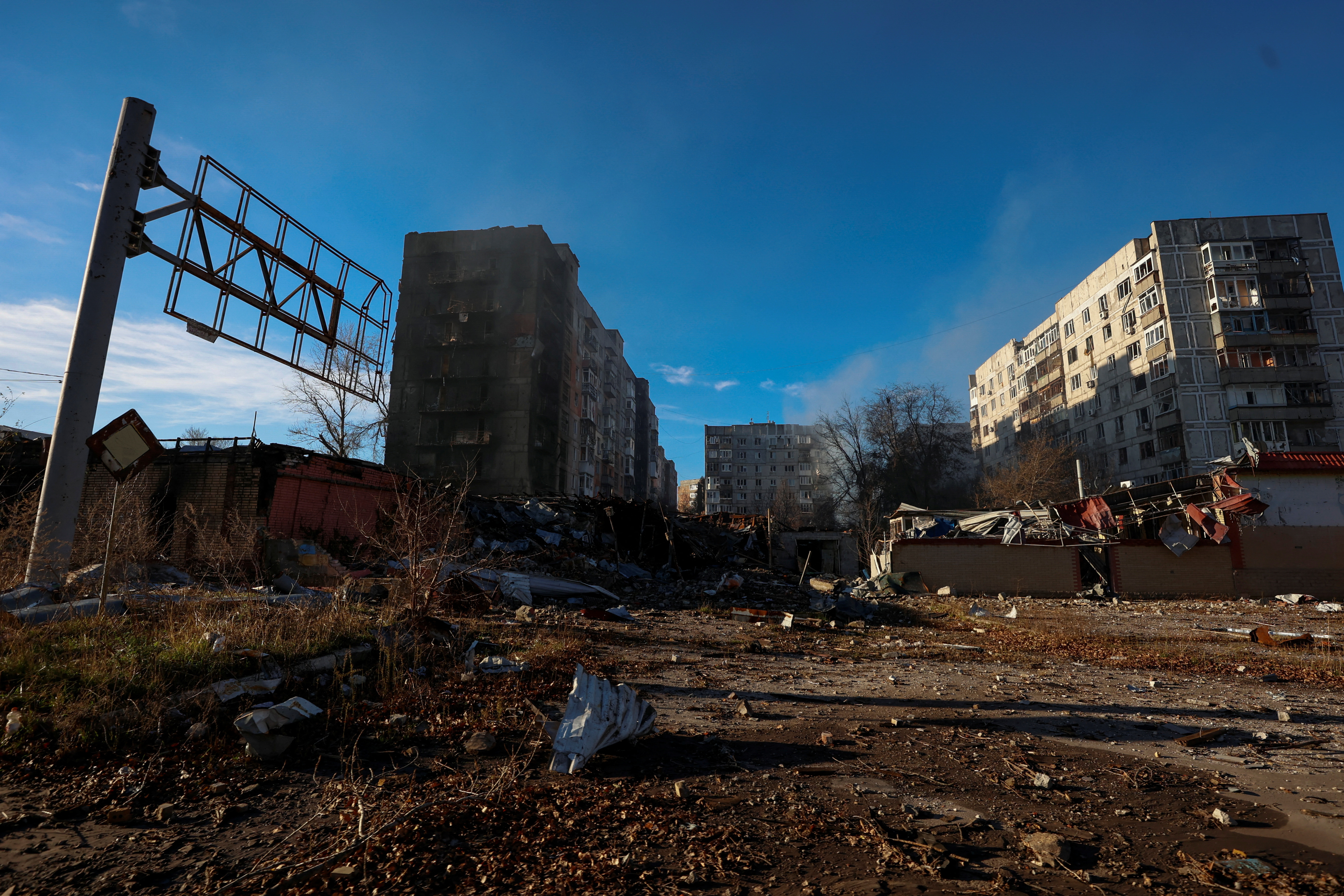 View shows residential buildings heavily damaged by permanent Russian military strikes in the front line town of Avdiivka