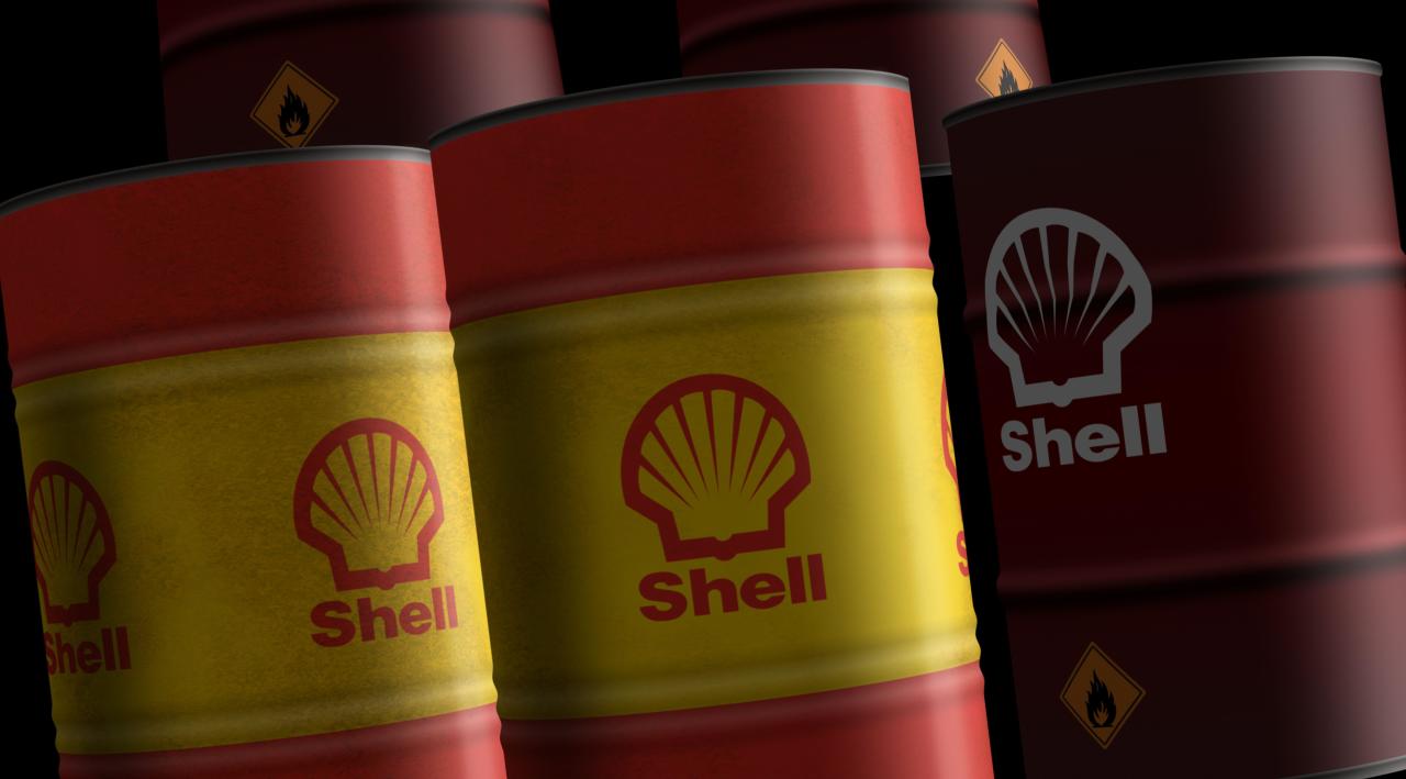 Poznan, Poland, October 12, 2023: Shell oil petroleum fuel barrels in row concept. Fossil fuel company and petrol industrial containers 3d illustratio