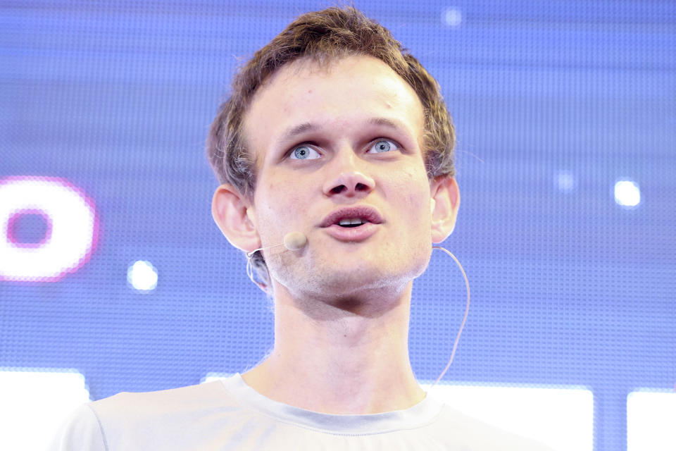 DENVER, CO - FEBRUARY 18: Ethereum co-founder Vitalik Buterin speaks at ETHDenver on February 18, 2022 in Denver, Colorado. ETHDenver is the largest and longest running Ethereum Blockchain event in the world with more than 15,000 cryptocurrency devotees attending the weeklong meetup. (Photo by Michael Ciaglo/Getty Images)