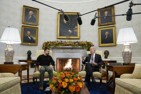 President Joe Biden meets with Ukrainian President Volodymyr Zelenskyy in the Oval Office of the White House, Tuesday, Dec. 12, 2023, in Washington. (AP Photo/Evan Vucci)