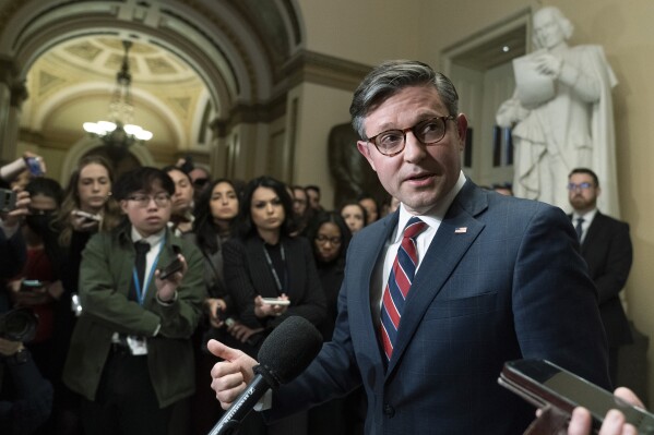 House Speaker Mike Johnson of La., speaks to reporters following a meeting with Ukrainian President Volodymyr Zelenskyy, at the Capitol, Tuesday, Dec. 12, 2023, in Washington. (AP Photo/Manuel Balce Ceneta)