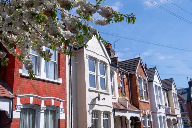 a street of typical British terraced houses