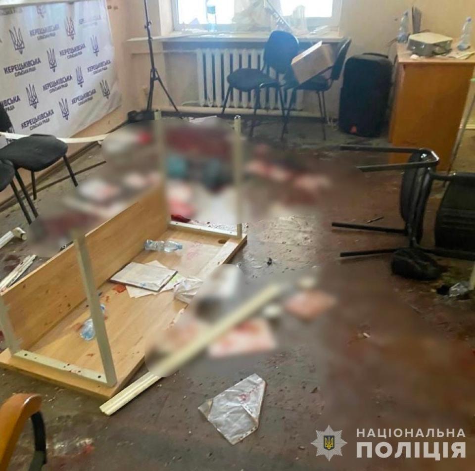 A number of explosions followed, leaving the room filled with smoke and bodies on the ground (Ukraine National Police)