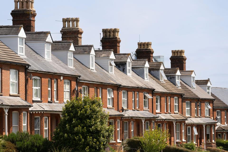 Mortgage Victorian terraced housing on Worting Road, Basingstoke, UK. Concept: England housing market, mortgage deals, property prices, buy to let