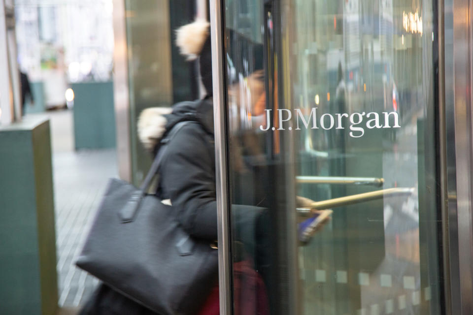 The J.P. Morgan logo sign on the entrance of a glass office building in Midtown Manhattan, New York, USA on 23 January 2020. (Photo by Nicolas Economou/NurPhoto via Getty Images)