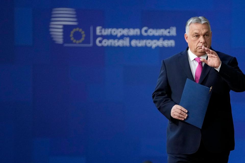 Hungary's Prime Minister Viktor Orban arrives for an EU summit at the European Council building in Brussels on Thursday (Copyright 2023 The Associated Press. All rights reserved)