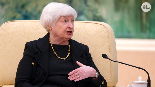 Treasury Secretary Janet Yellen speaks during a meeting with Chinese Premier Li Qiang, not shown, at the Great Hall of the People in Beijing, China, Friday, July 7, 2023.