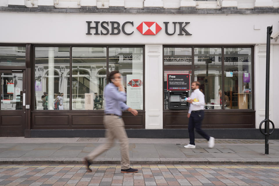 interest rates People walk past an HSBC bank in Covent Garden, London, the banking giant is reporting a profit of £16.9 billion for the first half of the financial year. Picture date: Tuesday August 1, 2023. (Photo by Lucy North/PA Images via Getty Images)
