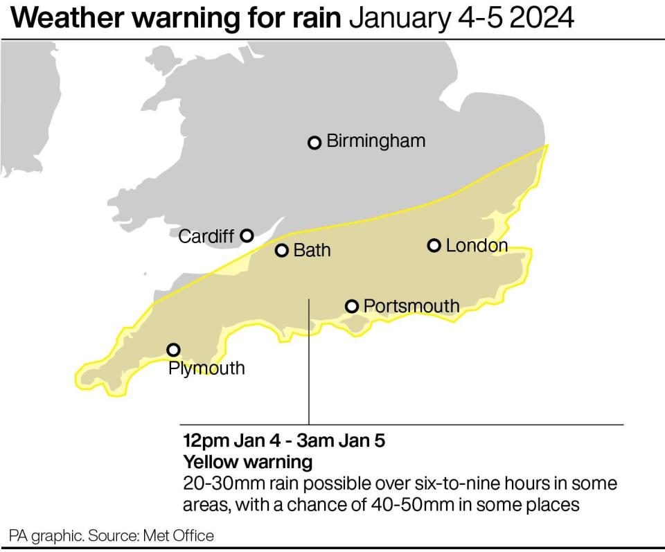 Weather warning for rain January 4-5 2024 (PA Wire)