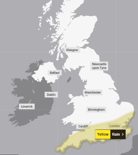 A yellow rain warning is in place from midday to 3am today (Met Office)