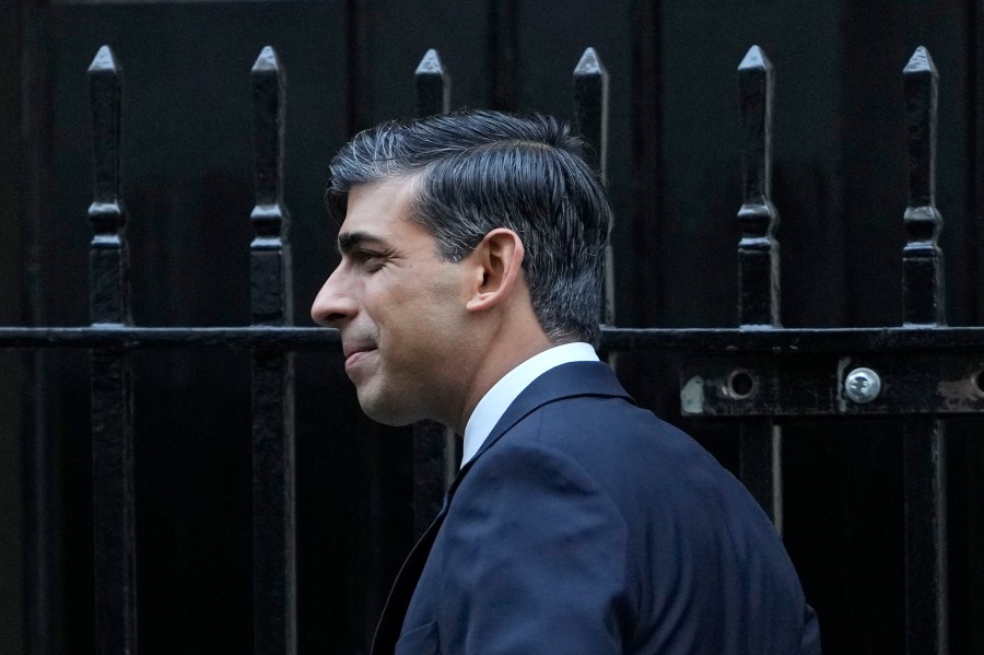 Britain's Prime Minister Rishi Sunak leaves 10 Downing Street to attend the weekly session of Prime Ministers Questions in parliament, in London, Wednesday, Jan. 10, 2024. (AP Photo/Kirsty Wigglesworth)