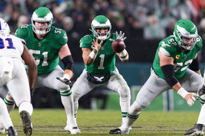 Nov 26, 2023; Philadelphia, Pennsylvania, USA; Philadelphia Eagles quarterback Jalen Hurts (1) in action against the Buffalo Bills during the first quarter at Lincoln Financial Field. Mandatory Credit: Bill Streicher-USA TODAY Sports