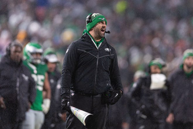 Nov 26, 2023; Philadelphia, Pennsylvania, USA; Philadelphia Eagles head coach Nick Sirianni during the second quarter against the Buffalo Bills at Lincoln Financial Field. Mandatory Credit: Bill Streicher-USA TODAY Sports