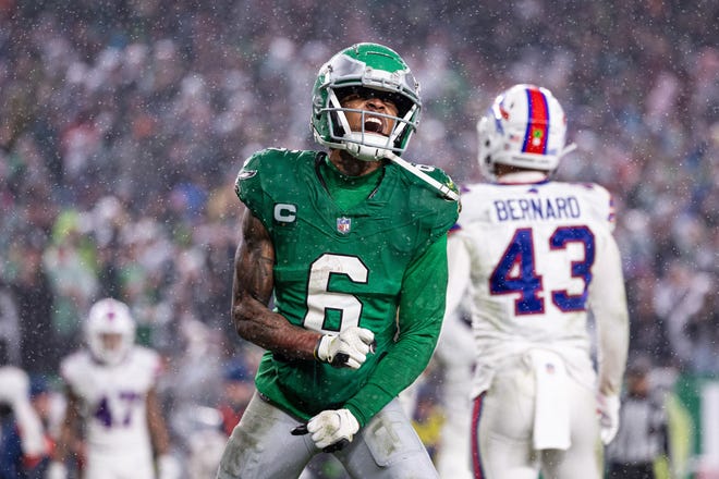 Nov 26, 2023; Philadelphia, Pennsylvania, USA; Philadelphia Eagles wide receiver DeVonta Smith (6) reacts after his touchdown catch against the Buffalo Bills during the fourth quarter at Lincoln Financial Field. Mandatory Credit: Bill Streicher-USA TODAY Sports