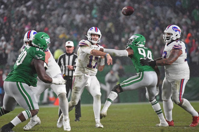 Nov 26, 2023; Philadelphia, Pennsylvania, USA; Buffalo Bills quarterback Josh Allen (17) throws a pass against the Philadelphia Eagles during the second quarter at Lincoln Financial Field. Mandatory Credit: Eric Hartline-USA TODAY Sports