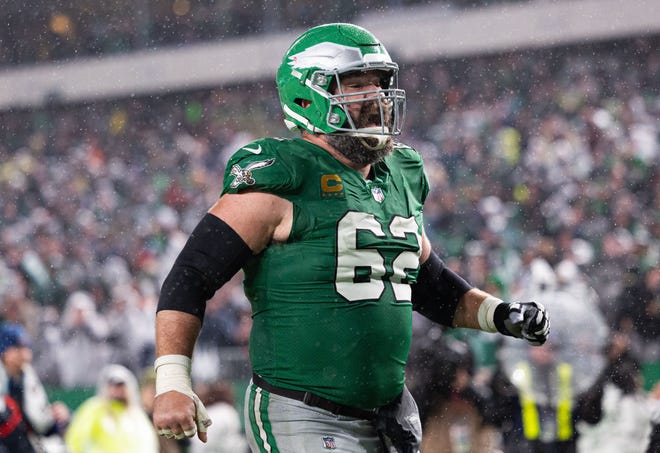 Nov 26, 2023; Philadelphia, Pennsylvania, USA; Philadelphia Eagles center Jason Kelce (62) reacts after a touchdown against the Buffalo Bills at Lincoln Financial Field. Mandatory Credit: Bill Streicher-USA TODAY Sports